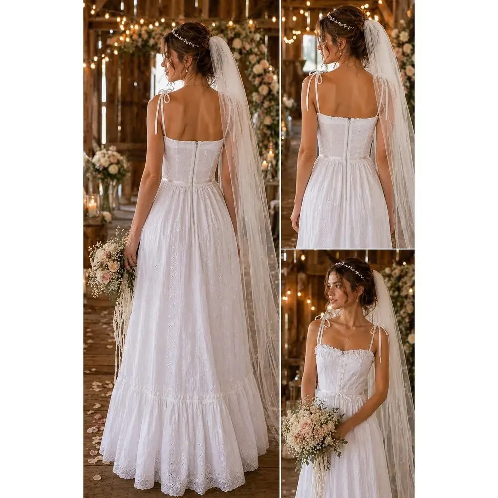 Vintage Victoria Vaughn White Eyelet Prairie Maxi Dress Cottage Bridal 7 USA - Picture 13 of 14